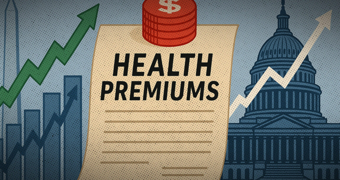 Illustration showing the words "Health Premiums" with a fever graph arrow moving upward. Health-premiums-driven-by-public-policy-market-forces.