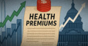 Illustration showing the words "Health Premiums" with a fever graph arrow moving upward. Health-premiums-driven-by-public-policy-market-forces.