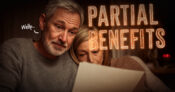 Image shows a couple looking at a paper with the words, "Partial Benefits" above