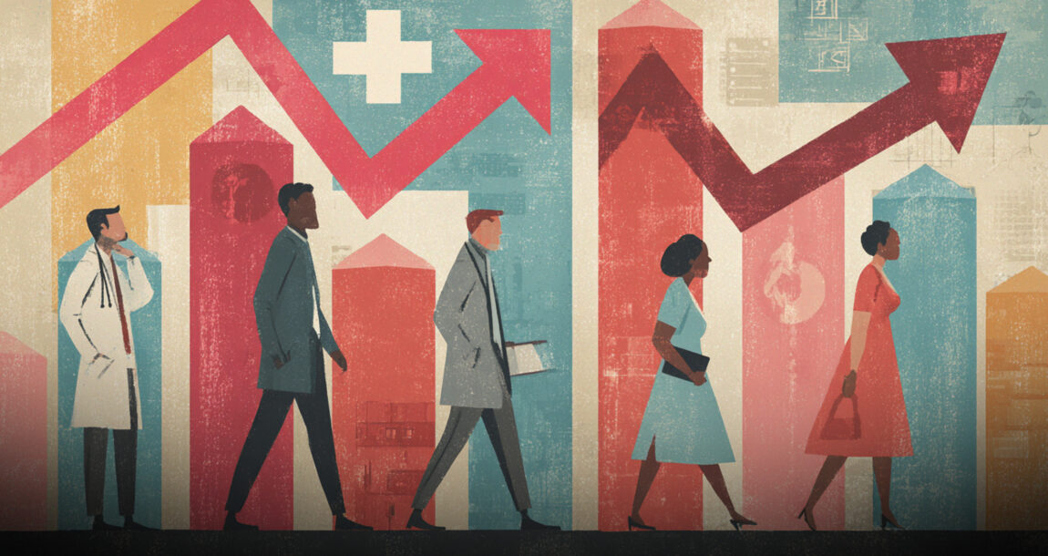 Illustration showing medical professonals. Employers-find-challenging-environment-for-health-care-costs.