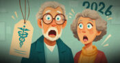 Illustration showing two health marketplace enrollees react in surprise to sticker shock of health plans. Health-marketplace-enrollees-in-for-sticker-shock-for-2026.