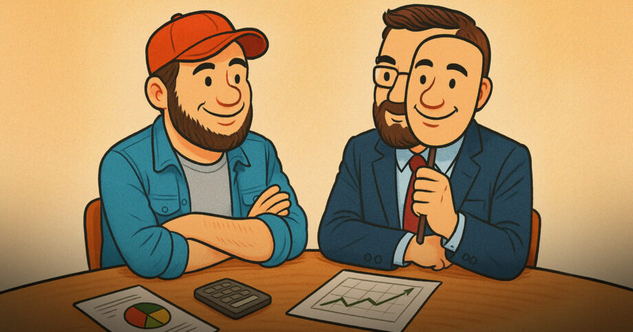 Illustration of a financial advisor holding a mask that has an expression matching that of their client. How-advisors-can-boost-sales-by-aligning-with-their-clients-style.