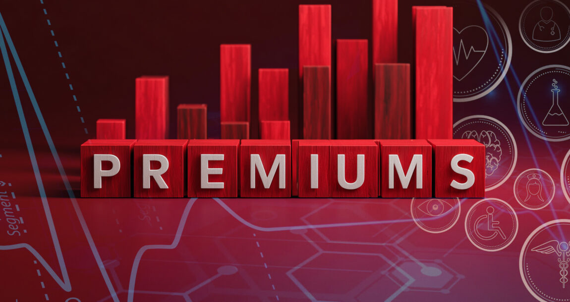 Illustration with the word "Premiumrs" and increasing bar graph bars. Instability-leading-to-higher-health-insurance-premiums.