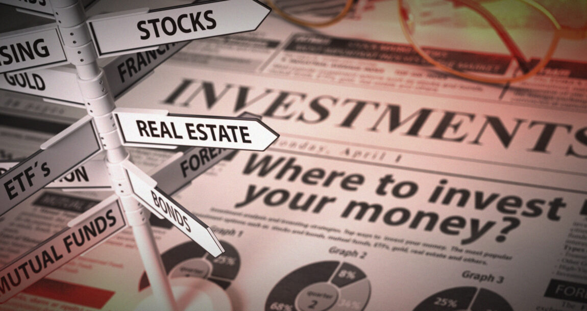 Illustration of a newspaper with the headline "Where to invest your money" with a street sign with many directions, including "stocks," "real estate," "mutual funds," etc. Alternative-assets-in-retirement-accounts-Whats-next