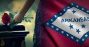 Image shows the Arkansas state flag and a gavel.