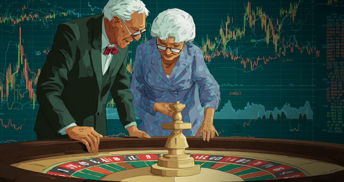 Illustration of older investors at a roulette wheel. Older-Investors-Wider-Bets-How-retirement-portfolios-change-with-age.