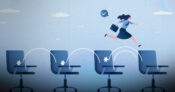 Illlustration showing a worker jumping across a number of chairs, representing different jobs. Retirement-income-options-evolve-as-workers-job-hop.