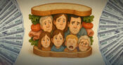 Illustration of members of the "Sandwich Generation" as the filling in a sandwich. Sandwich-Generation-strain-puts-retirement-on-hold-Allianz-warns
