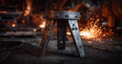 Photo illustration showing a three-legged stool being forged from iron. Annuities-Strengthening-the-three-legged-retirement-stool.