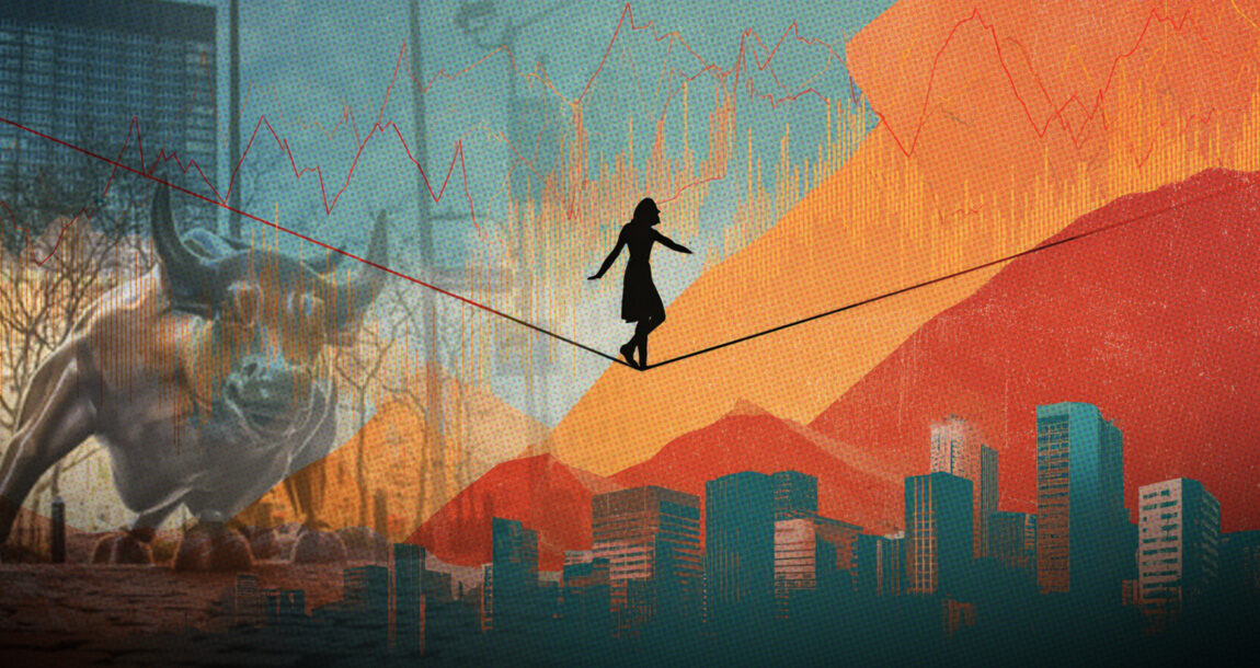 Illustration of a person walking a tightrope strung across a bull and a bear. Market-walking-a-tightrope-as-AI-fuels-gains.