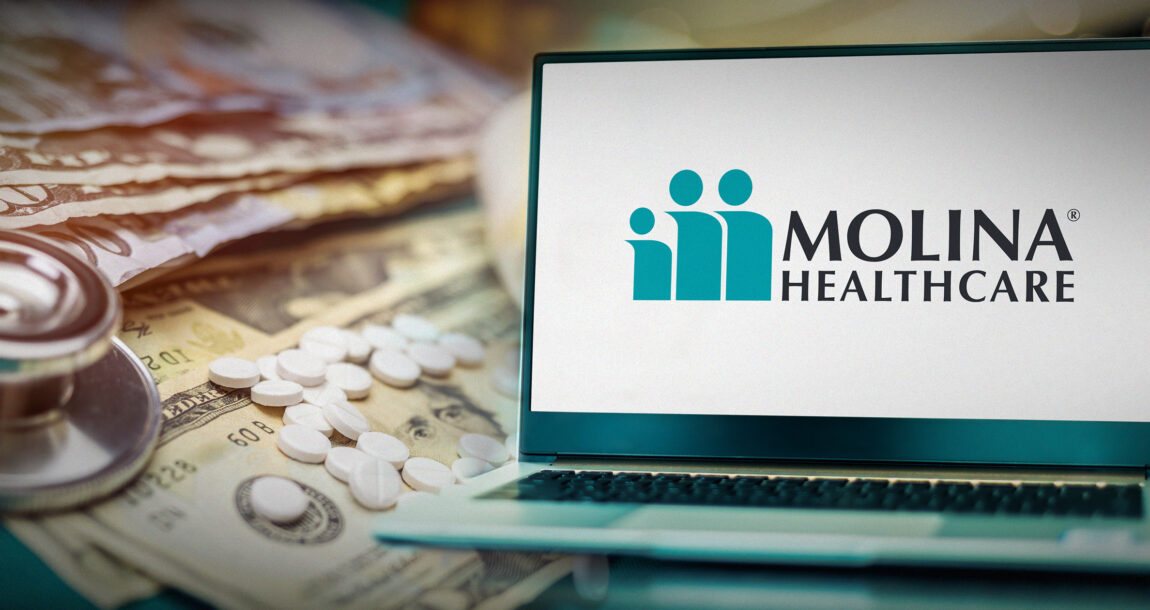 Photo illustration showing prescription pills, cash and the Molina Healthcare logo. Molina-wont-pay-commissions-on-new-ACA-business.