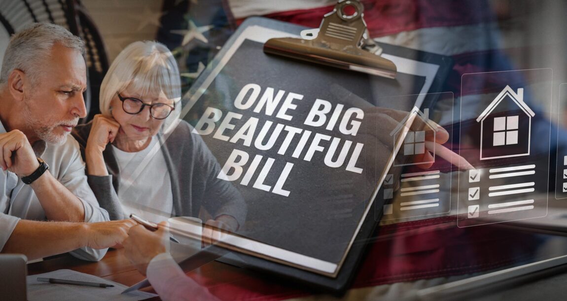 Photo illustration showing senior couple looking at the One Big Beautiful Bill. Big-Beautiful-Bill-is-big-news-for-estate-planners.