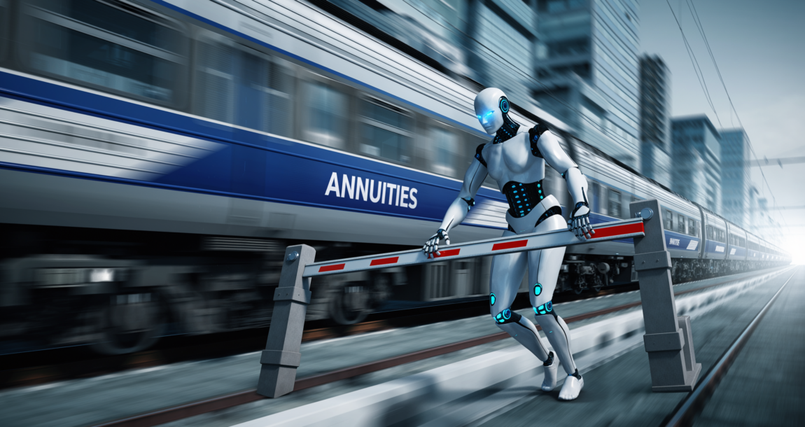 AI robot removes a barrier in front of a speeding train labeled "Annuities".
