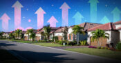 Image of Florida homes with large arrows superimposed pointing upward. Florida-homeowners-continue-to-face-insurance-affordability-crisis,-report-says.