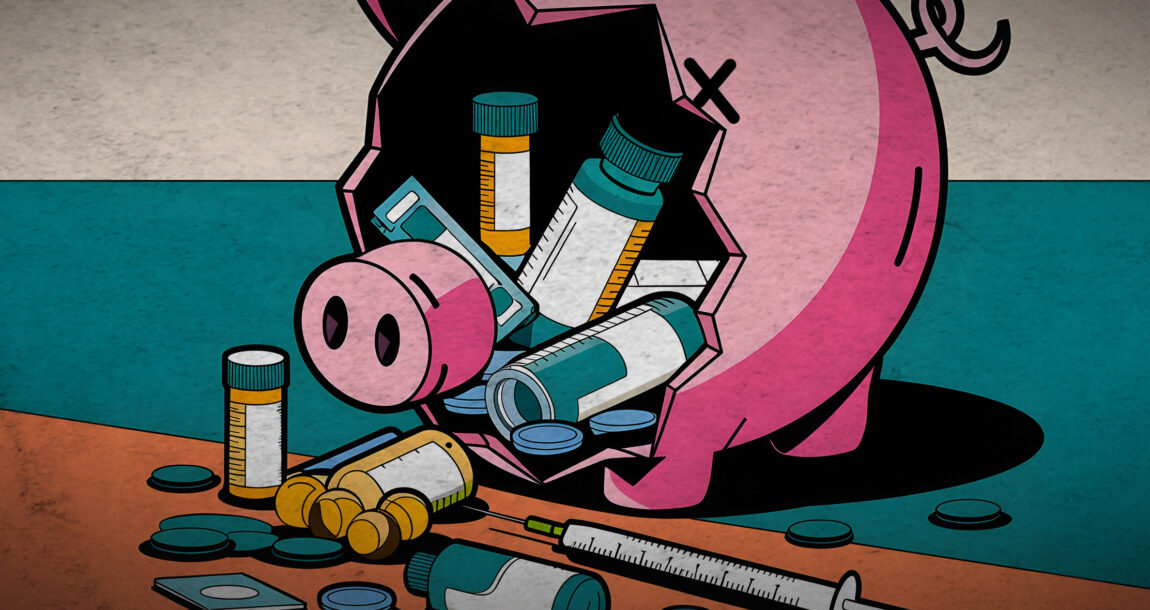 A broken piggy bank with prescription bottles spilling out.