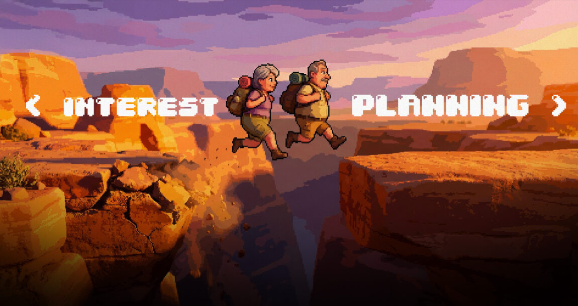 Illustration of two characters making a big leap. LTC-Help-clients-make-the-leap-from-interest-to-planning.