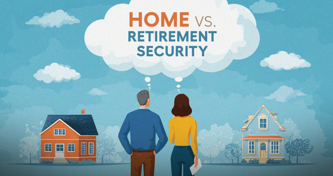 Illustration of two millennials looking at potential homes and considering buying a home vs. saving for retirement.