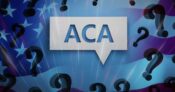 Illustration with the American flag covered with question marks and the letters "ACA." Outlook-for-extending-enhanced-ACA-subsidies-uncertain.