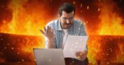 image showing a homeowner upset at his insurance bill, with the backgroud showing a wildfire. Rising-risks-rising-costs-The-self-insured-homeowner-dilemma.