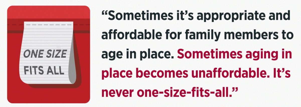 “Sometimes it’s appropriate and affordable for family members to age in place. Sometimes aging in place becomes unaffordable. It’s never one-size-fits-all.”
