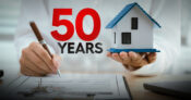 Photo illustration with a person signing a mortgage contract with a large number 50 Years overlapping the image, with the person holds a small home in his hands. What-a-50-year-mortgage-could-mean-for-homebuyers.