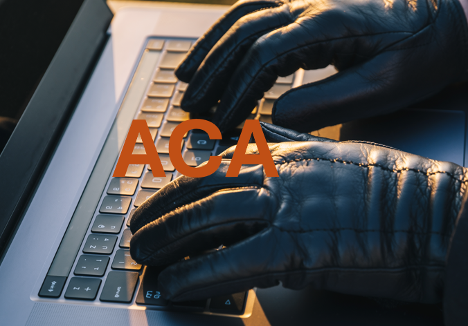 Photo illustration of two gloved hands typing on a laptop with the letters "ACA" overlapping.