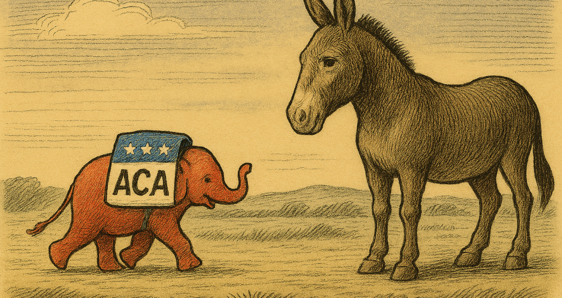 Illustration showing a small GOP elephant approaching a larger Democrat donkey. 4 GOP reps join Democrats in forcing ACA vote.