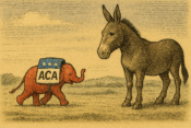 Illustration showing a small GOP elephant approaching a larger Democrat donkey. 4 GOP reps join Democrats in forcing ACA vote.