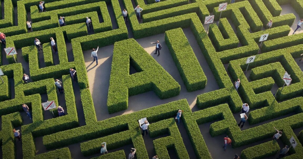 Illustration showing a shrubbery maze with AI hidden in the middle. AI-adoption-may-rely-on-overcoming-misconceptions,-Equisoft-exec-says.