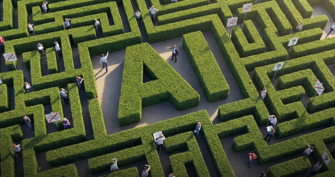 Illustration showing a shrubbery maze with AI hidden in the middle. AI-adoption-may-rely-on-overcoming-misconceptions,-Equisoft-exec-says.