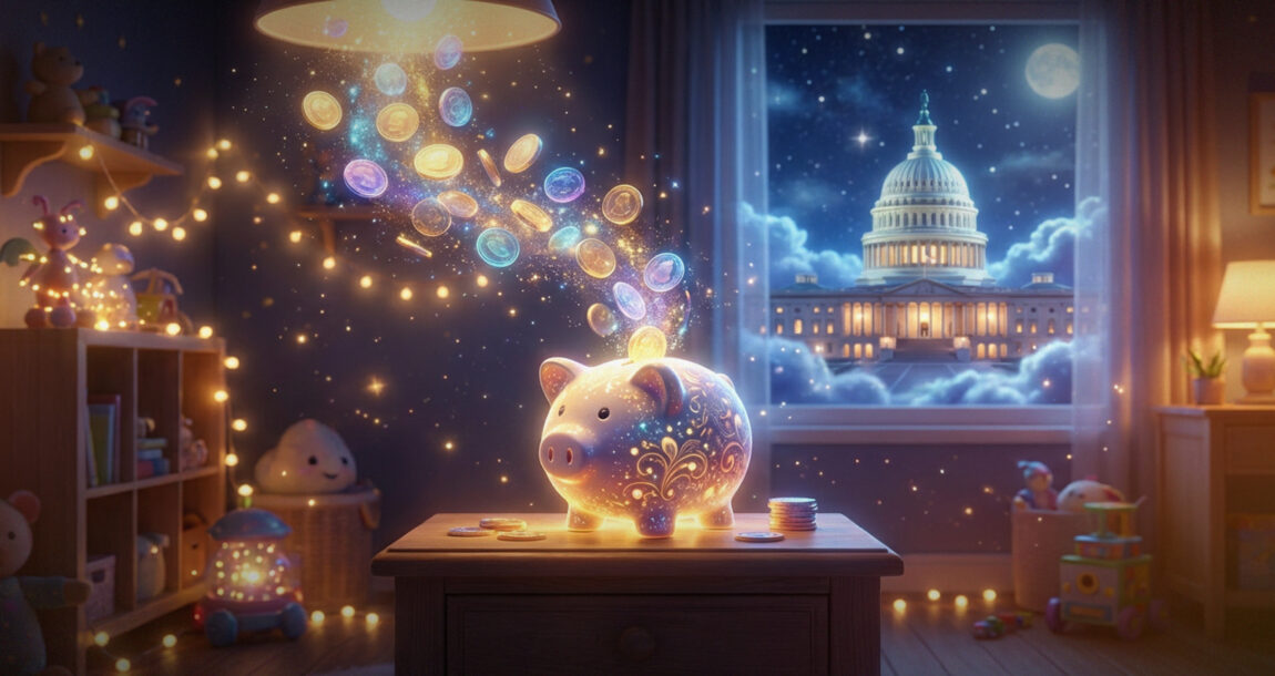Image shows a piggy bank amid glowing surroundings