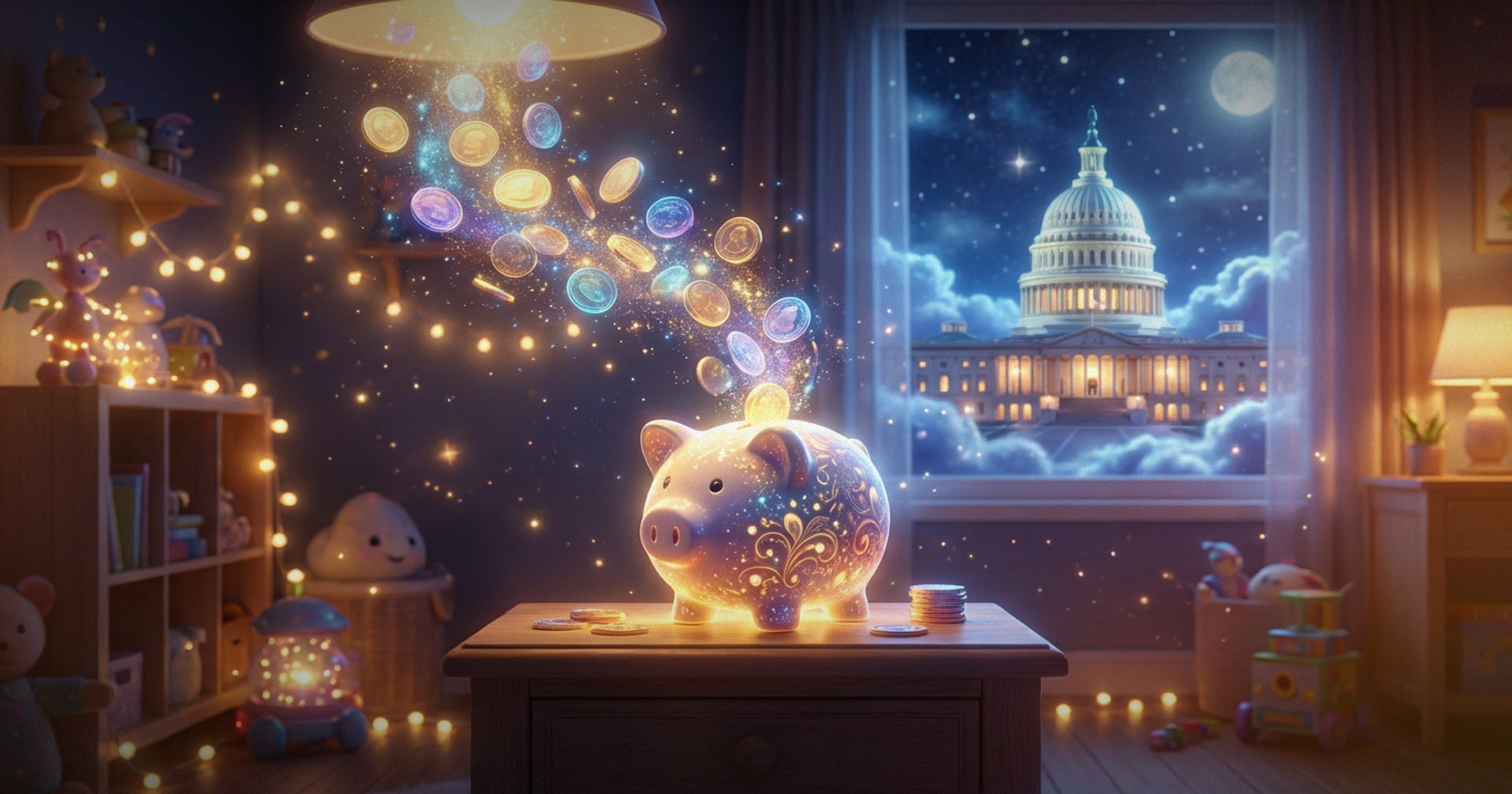 Image shows a piggy bank amid glowing surroundings
