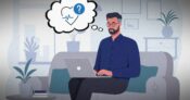 Illustration showing an employee working from home on a couch. Deskless-workers-need-support-with-workplace-benefits.