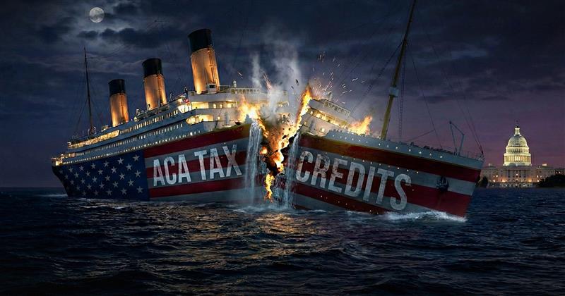 Image of ship named "ACA Tax Credits" being sunk at sea. GOP-scuttles-vote-on-package-without-ACA-tax-credits.