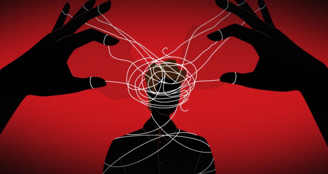 Illustration showing two hands casting a web of abuse on a person.