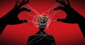 Illustration showing two hands casting a web of abuse on a person.