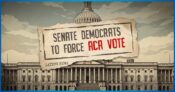 Picture of the U.S. Capitol building with a sign that says "Senate Democrats to Force ACA Vote."
