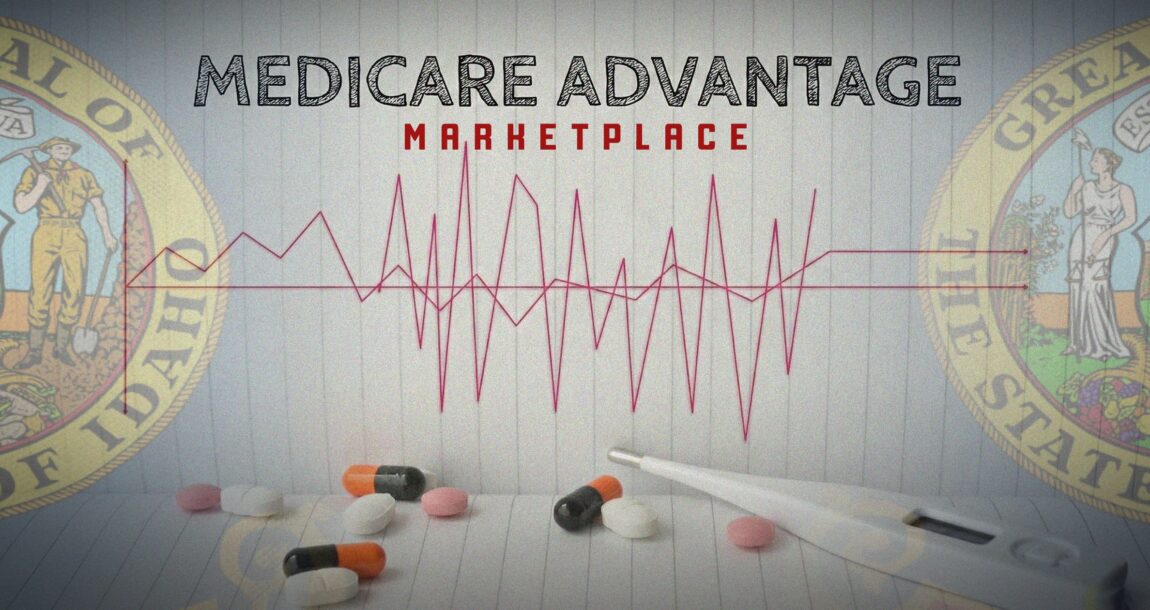 Illustration showing prescription pills, and the words "Medicare Advantage Marketplace," with a fever graph showing the ups and downs of the marketplace. Stabilize-the-Medicare-Advantage-marketplace-Idaho-director-tells-NAIC,