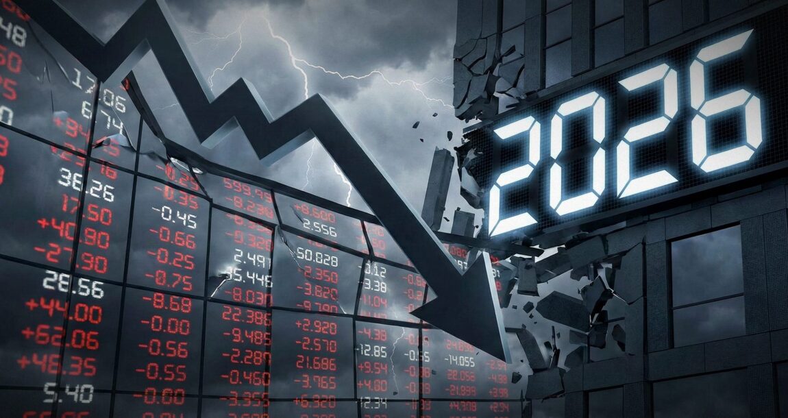 Illustration showing a falling financial fever chart with "2026" overlapping it. 2026-to-bring-higher-volatility-slower-GDP-growth.