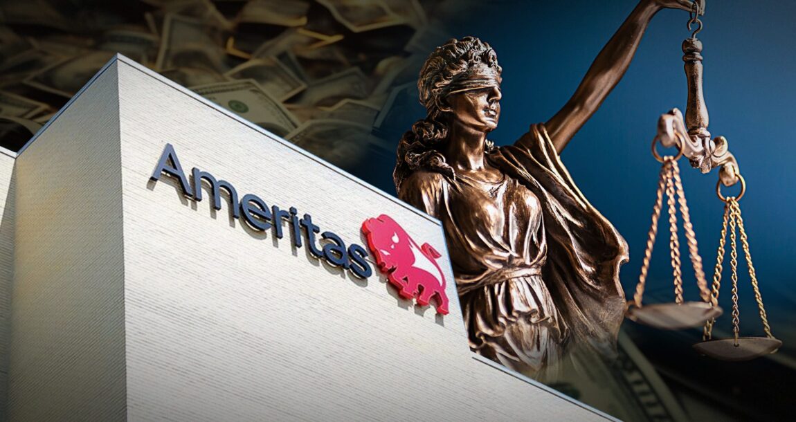 Photo ilustration showing Ameritas logo and scales of justice. 80k-surrender-charge-at-stake-as-Navy-vet-Ameritas-do-battle-in-court.