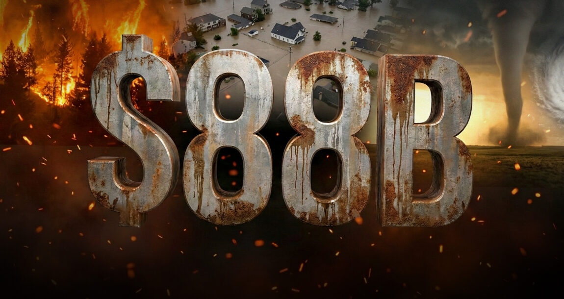 Photo illustration showing instances of natural disasters with "$100B" written over it. 2025-wildfires,-flooding-and-severe-storms-lead-to-insured-losses-of-over-$88B.
