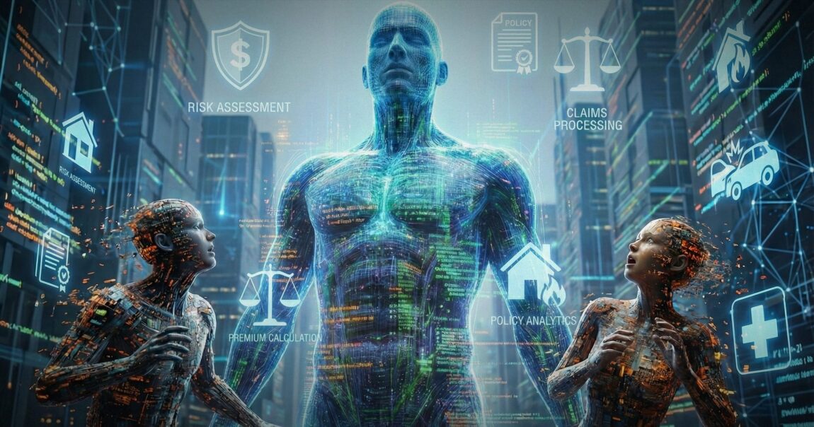 Illustration of a large AI figure surrounded by smaller figures. Does-size-matter-Comparing-3-top-insurance-AI-solutions.