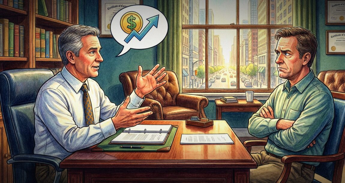 Illustration showing advisor explaining deductibles to a client. How-to-discuss-higher-deductibles-without-losing-client-trust.