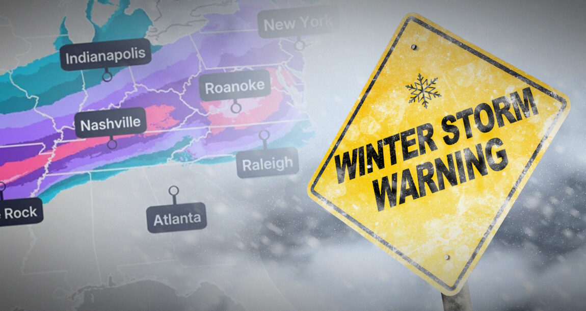 Image shows a road sign with the words "winter storm warning."