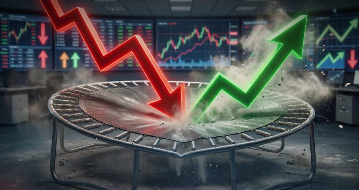 Illustration shows a downward financial graph line rebounding off a trampoline and bouncing upward.