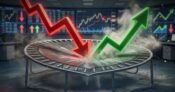 Illustration shows a downward financial graph line rebounding off a trampoline and bouncing upward.