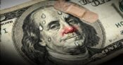 Illustration showing a $100 bill with Ben Franklin a bloody nose and sweating. Most-Americans-surveyed-cut-or-stopped-retirement-savings-due-to-the-current-economy.