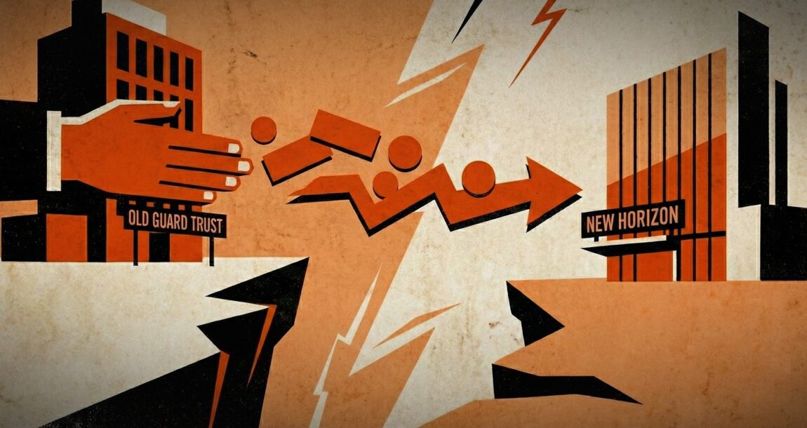 Illustration showing two financial firms with an arrow pointig from one to the other. Study-finds-more-households-move-investable-assets-across-firms.