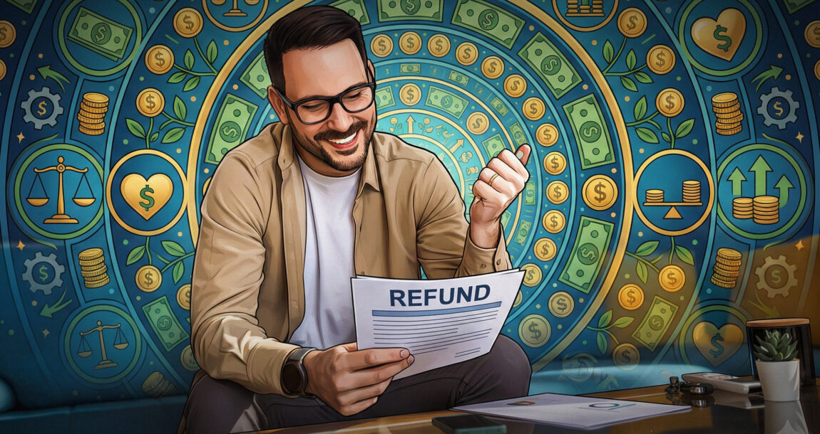Photo illustration showing a tax payer reviewing a plan on how to use his tax refund.