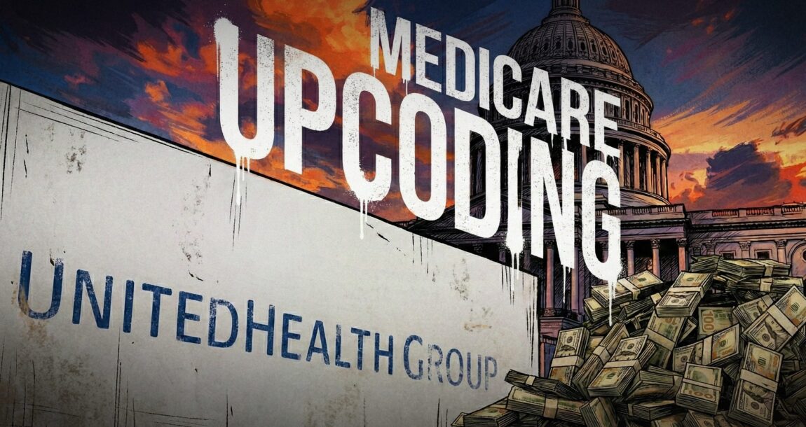 Photo illustration showing the words "Medicare Upcoding" over the logo of UnitedHealth Group, in front of US Capitol.